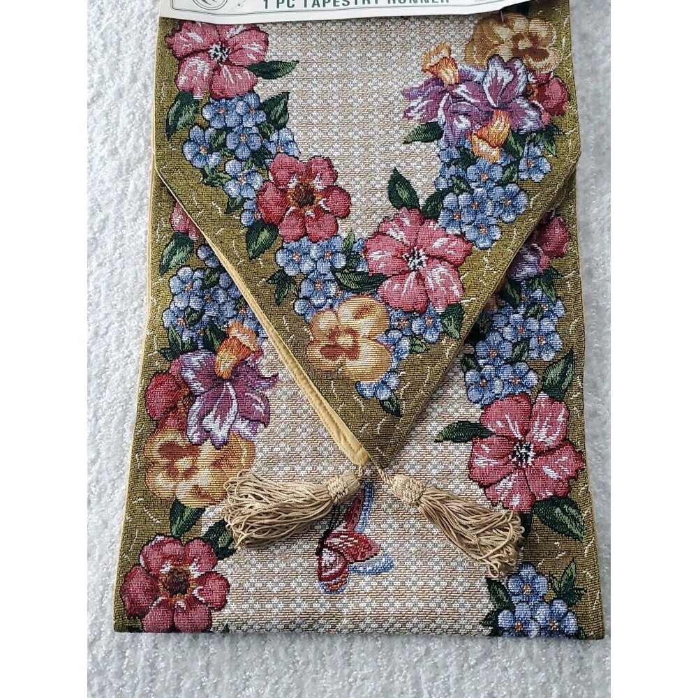 Vintage Cotton Concepts 12"x72" 1 Pc Floral Butterflies Tassel Tapestry Runner